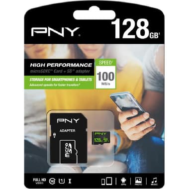 PNY TECHNOLOGIES SDU128HIGPER-1-EF MicroSDHC
128 GB, Class 10: Max 100 Mbps Speed Performance