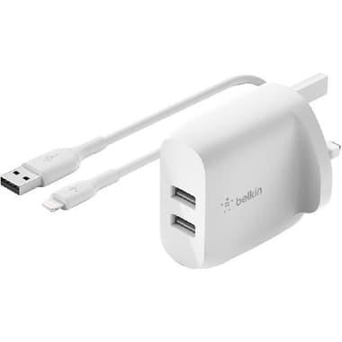 Belkin BoostCharge Dual USB-A Wall Charger 24W + Lightning to USB-A Cable
Fast Battery Charging, 24 Watts, Dual USB, White